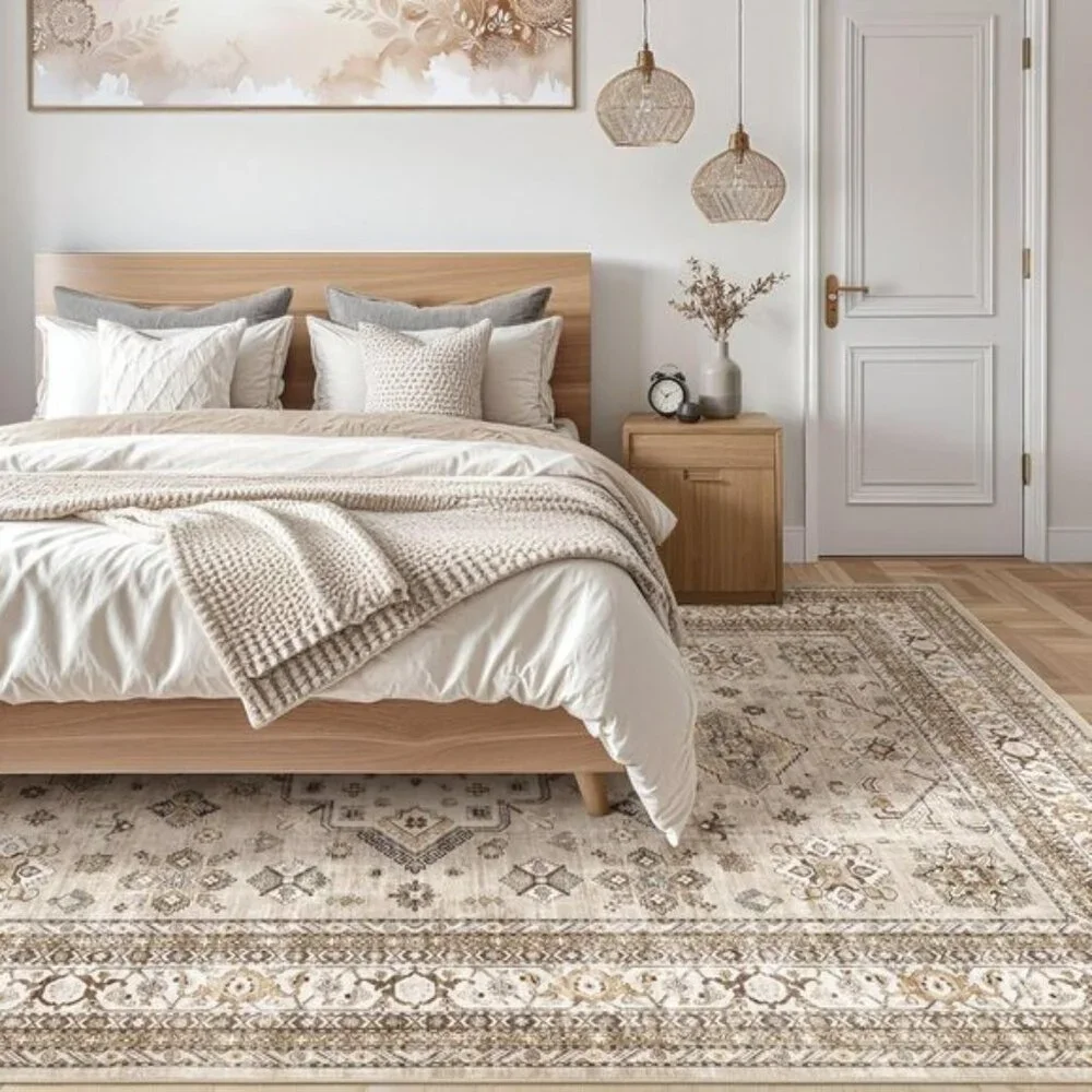 6x9 Beige Vintage Area Rug, Soft Washable Oriental Distressed Carpet for Home